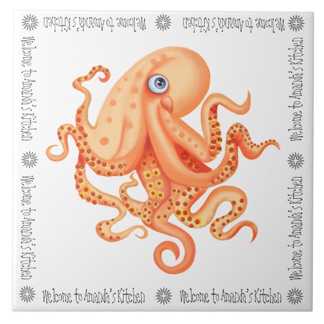 Azulejo Bienvenidos al lindo pulpo naranja de la cocina de (Frente)