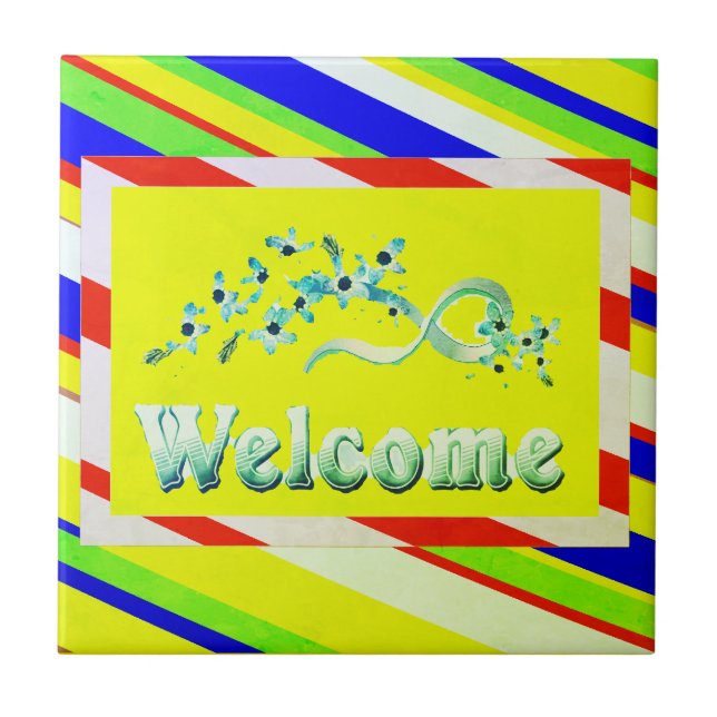 AZULEJO BIENVENIDOS DISEÑO AMARILLO CON TEXTO DE PLATA (Frente)