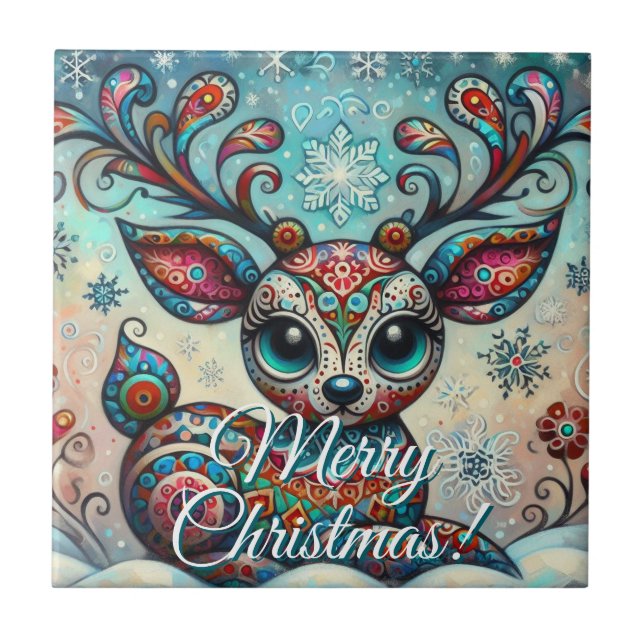 Azulejo Big Eye Christmas Reindeer Folk Art Personalized (Frente)
