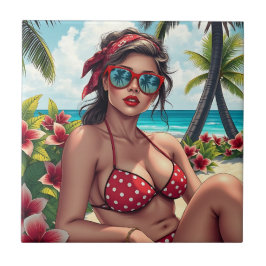Azulejo Bikini rojo, gafas de sol y mujer andana