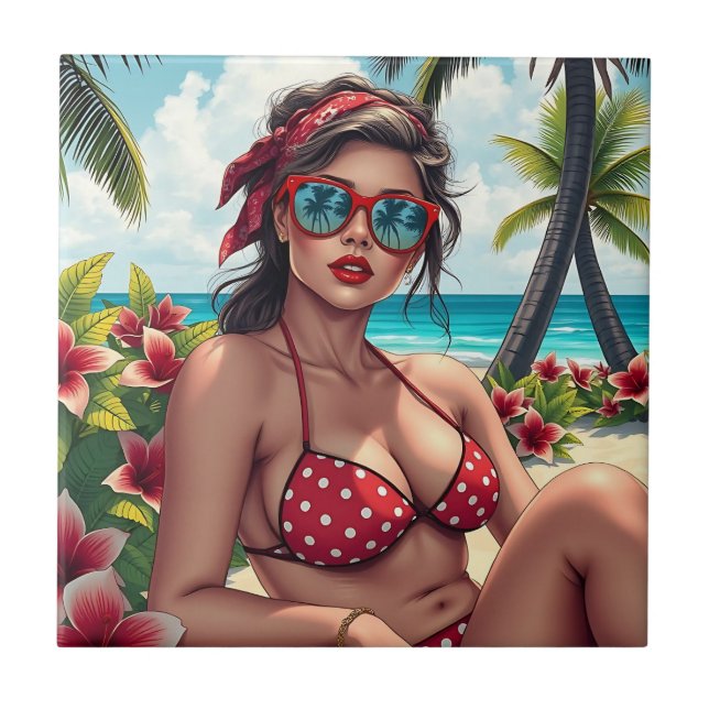 Azulejo Bikini rojo, gafas de sol y mujer andana (Frente)