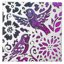Bird Batik Modern Purple Blue Floral Woodland