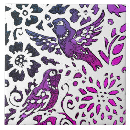 Azulejo Bird Batik Modern Purple Blue Floral Woodland