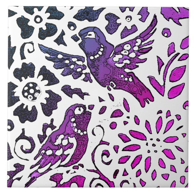 Azulejo Bird Batik Modern Purple Blue Floral Woodland (Frente)
