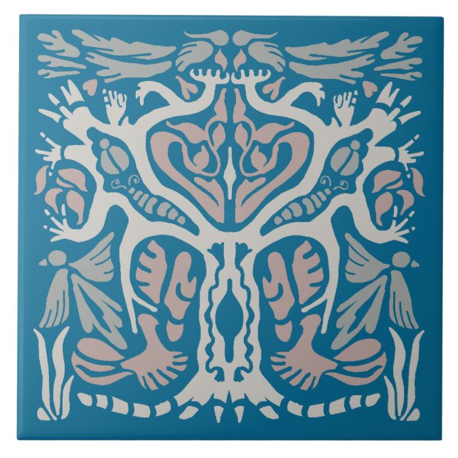 Azulejo Bird Tree Symmetrical Nature Design Blue (Frente)