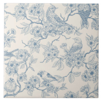 Azulejo Birds and cherry blossom in blue and off white