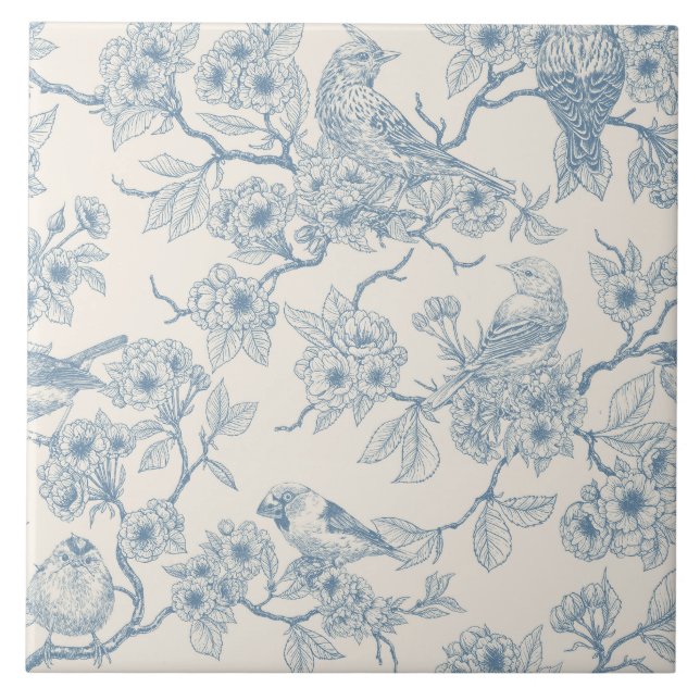 Azulejo Birds and cherry blossom in blue and off white (Frente)