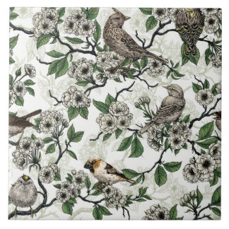 Azulejo Birds and cherry blossom on white