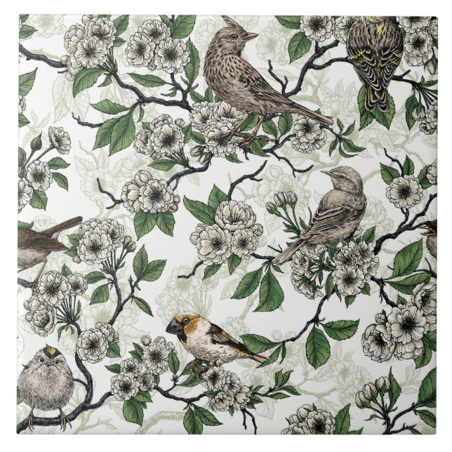 Azulejo Birds and cherry blossom on white (Frente)