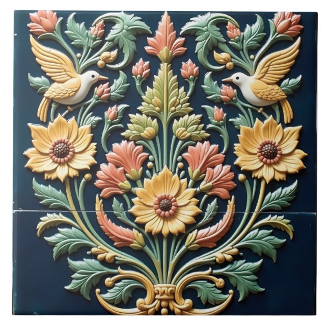 Azulejo Birdsong Gossip at the Ornamental Blooms (Frente)