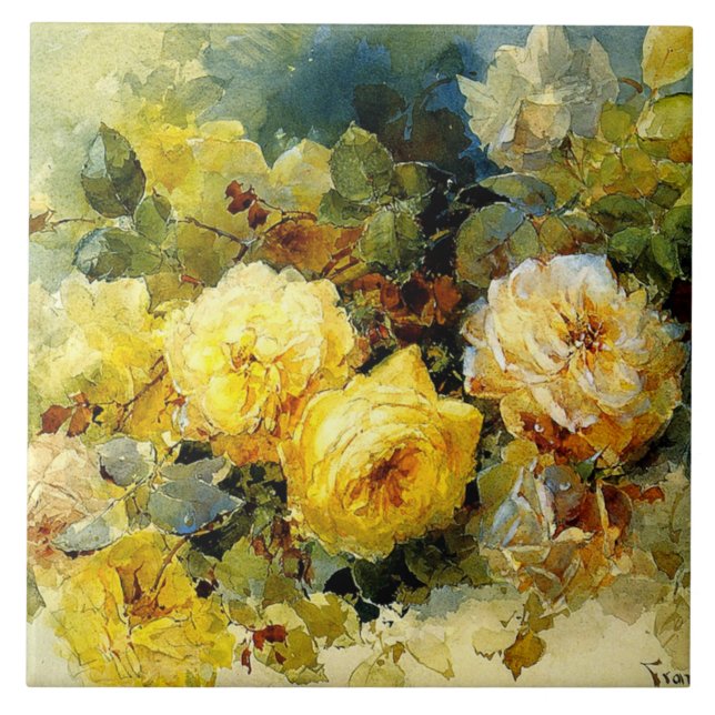 Azulejo Bischoff - Rosas (amarillo), pintura de arte fino, (Frente)