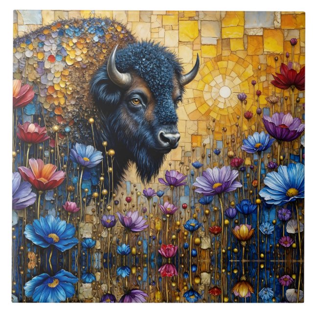 Azulejo Bison Americano Adornado con Joyas en Flores (Frente)