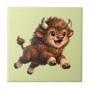 Azulejo Bison Cute con Grandes Ojos Feliz Cómic de Fauna