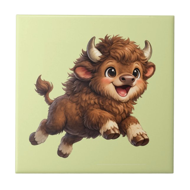 Azulejo Bison Cute con Grandes Ojos Feliz Cómic de Fauna (Frente)