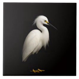 Azulejo Black 4 Luxe Tile with Elegant Snowy Egret