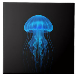 Azulejo Black 4 Luxe Tile with Neon Blue Jellyfish