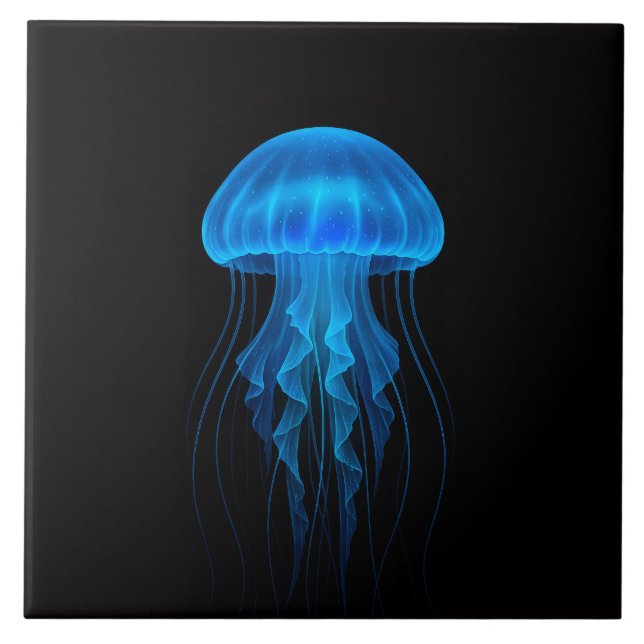 Azulejo Black 4 Luxe Tile with Neon Blue Jellyfish (Frente)