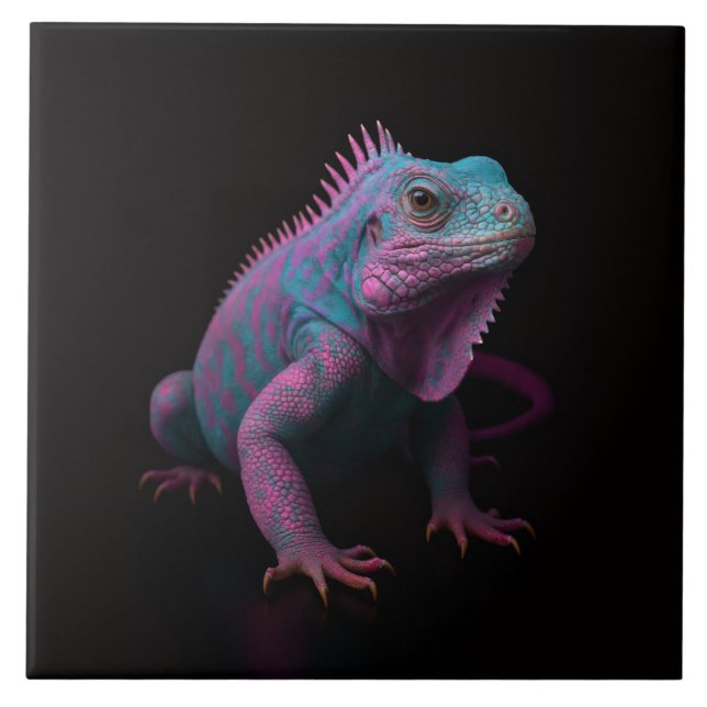 Azulejo Black 4 Luxe Tile with Pink Tropical Iguana (Frente)