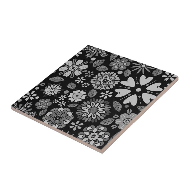 Azulejo Black And Gray Retro Floral Art Seamless Pattern (Lado)
