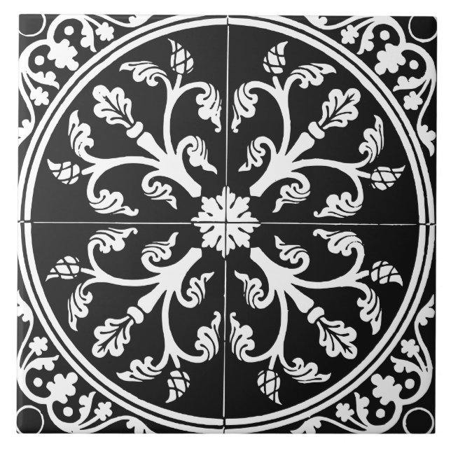 Azulejo Black and White Botanical Abstract Circle Vintage (Frente)