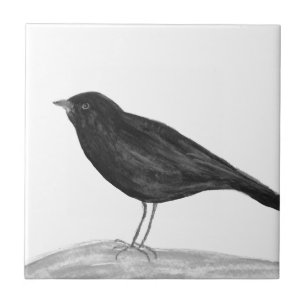 Azulejo Black Bird Watercolor Wildlife Art vintage