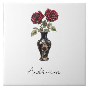 Azulejo Black Burgundy Red Floral Vase