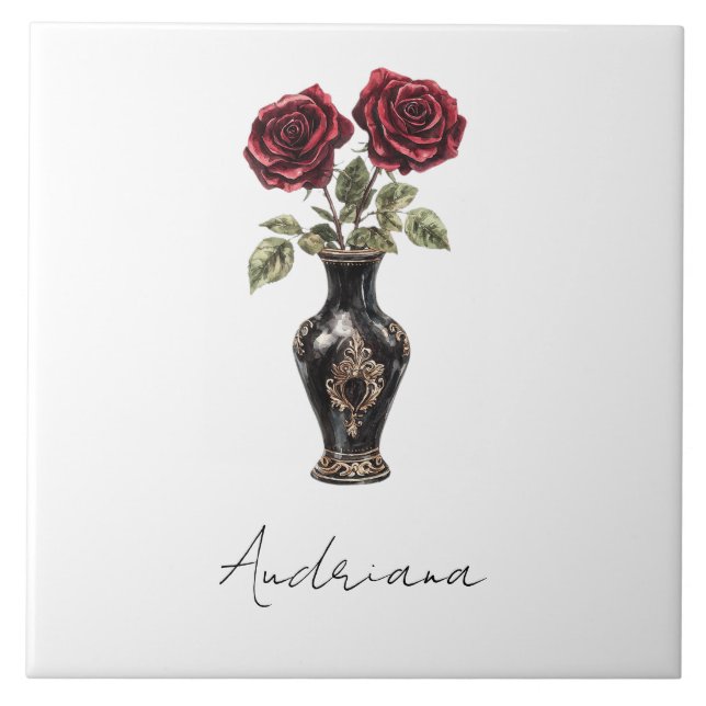 Azulejo Black Burgundy Red Floral Vase (Frente)