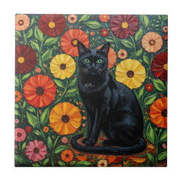 Azulejo Black Cat and Colorful Folk Art Flowers