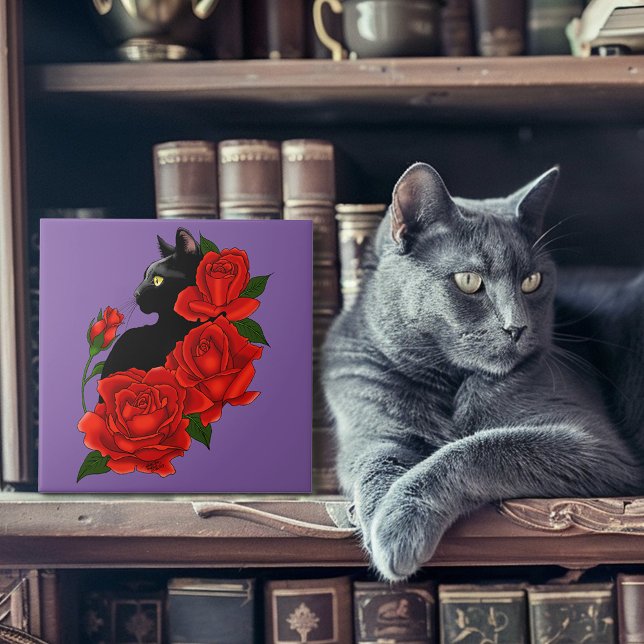 Azulejo Black Cat Roses Red Roses Purple (Subido por el creador)