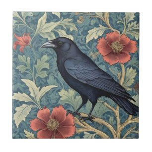 Azulejo Black Crow Bird William Morris style