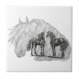 Azulejo Black Friesian Horses Manes Tails