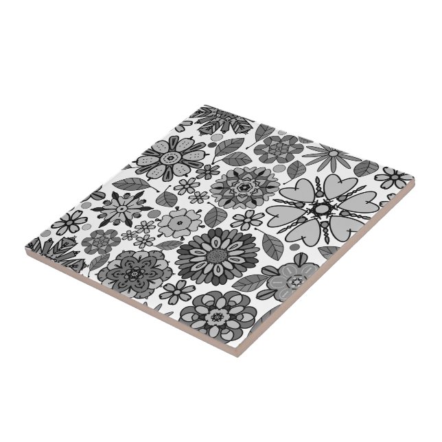 Azulejo Black Gray White Retro Floral Art Seamless Pattern (Lado)
