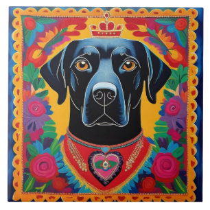 Azulejo Black Lab Dog Arte Folclórico Mexicano Estilo Frid