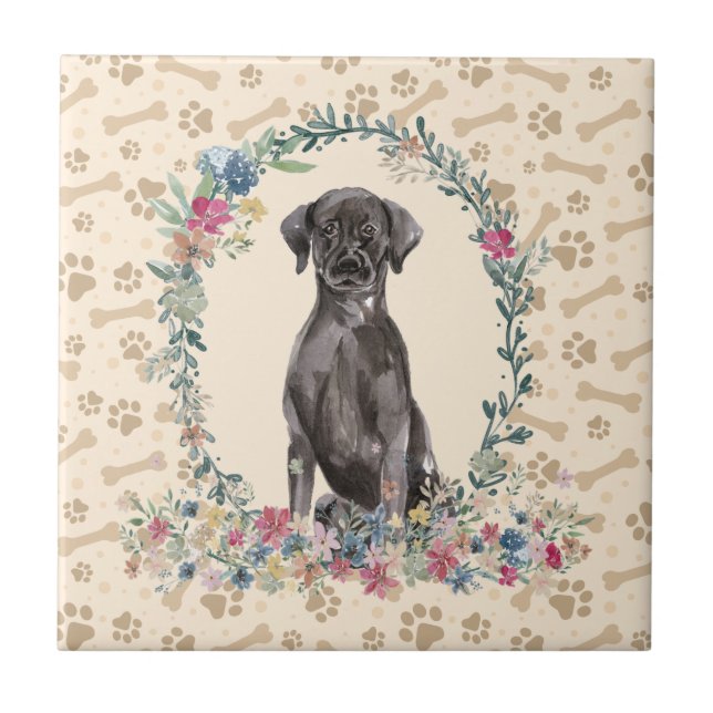 Azulejo Black Labrador Retriever Dog Paw Print Floral Cute (Frente)
