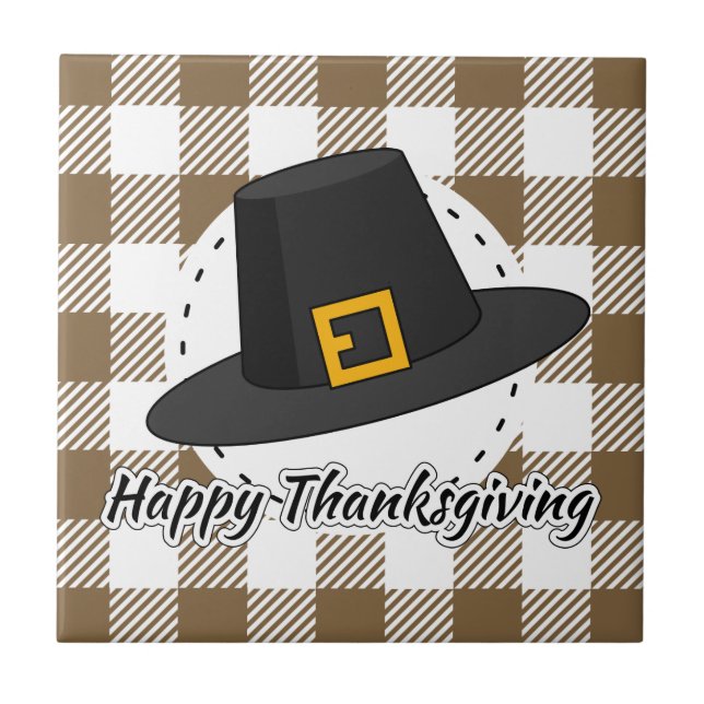 Azulejo Black Pilgrim Hat on Brown Plaid - Thanksgiving (Frente)