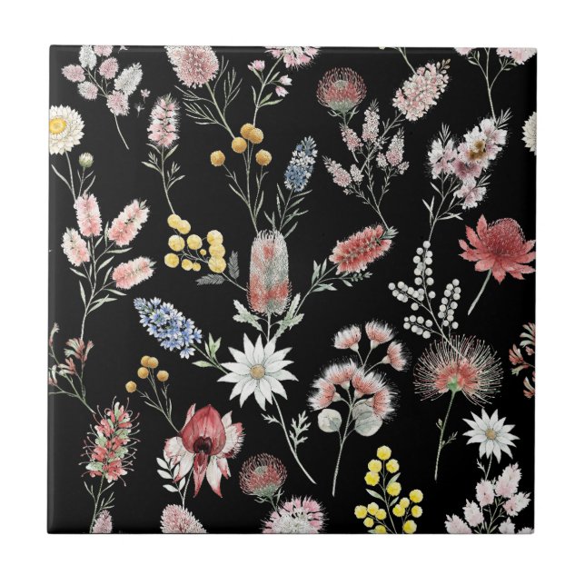 Azulejo Black Romantic Moody Watercolor Wildflowers (Frente)