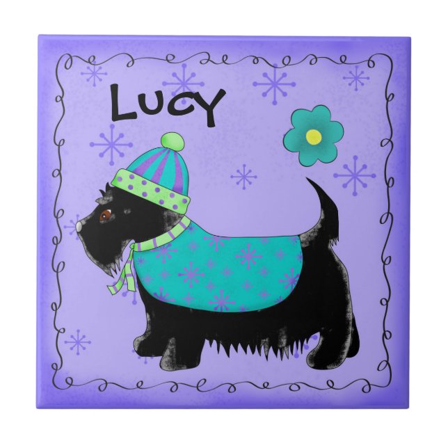 Azulejo Black Scottie Terrier Dog Name Personalized Purple (Frente)