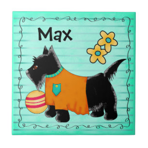 Azulejo Black Scottie Terrier Dog Name Personalized Verde 