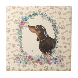 Azulejo Black & Tan Dachshund Dog Paw Print Floral Cute