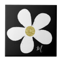 Azulejo Black White Daisy Simple Floral Gold Personal
