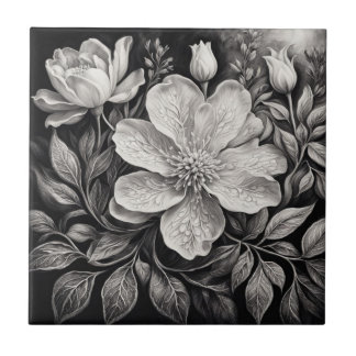 Azulejo Black & White Flowers