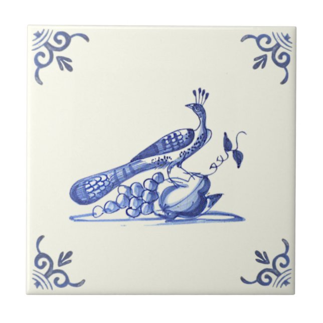 Azulejo Blanco azul de fruta pavo real Repro 1700 (Frente)
