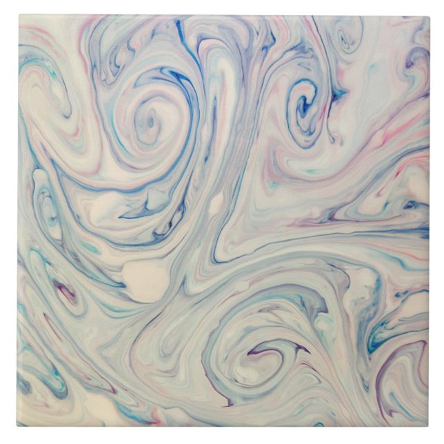 Azulejo Blanco Azul Rosa Moderno Abstracto Fluid Marbling  (Frente)