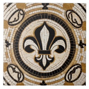 Azulejo Blanco Negro y Dorado Fleur de Lis Falso Mosaico