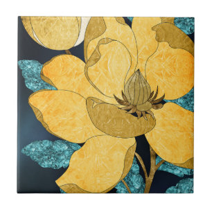 Azulejo Bloom dorado con hojas Verde azuladas Abstract Flo