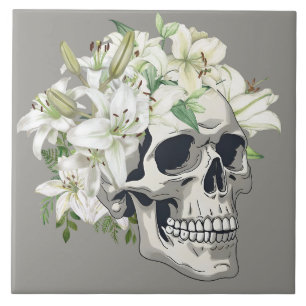 Azulejo Bloom silencioso: Calaveras y lirios blancos