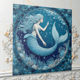Azulejo Blue Aquamarine Mermaid Ocean Bubble Mosaic Lustre