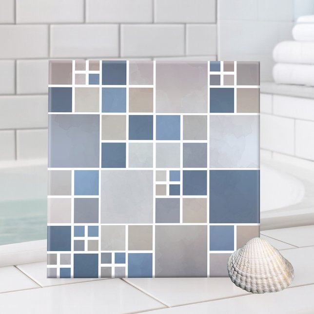 Azulejo Blue Beach Mosaic Pattern Kitchen Baño Tile (Bathroom tile featuring a geometric mosaic pattern with watercolor effects inspired by the beach)