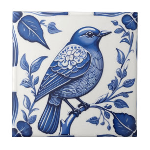 Azulejo Blue Bird Delft Blue & White Asian Floral Bluebird