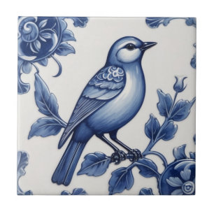 Azulejo Blue Bird Delft Blue & White Asian Floral Bluebird